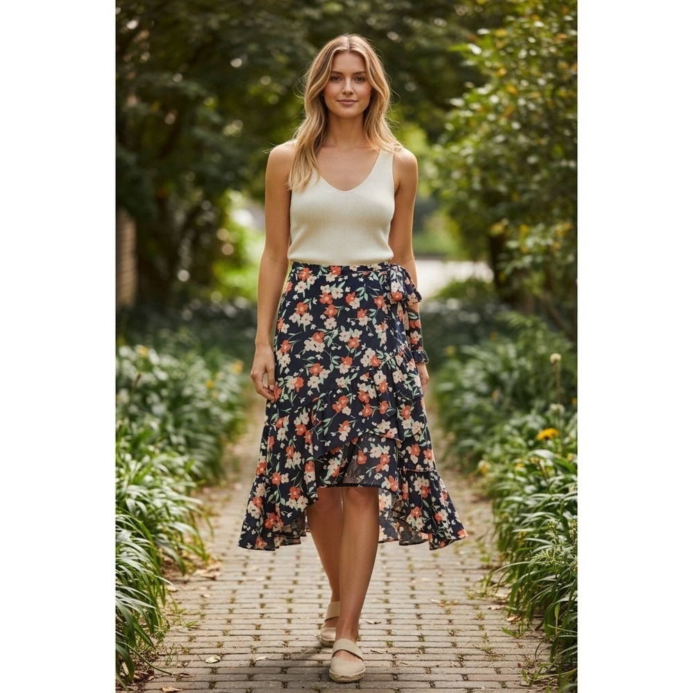 Gap Navy Blue Floral Ruffle High Low Wrap Midi Skirt Large Tie Waist Boho